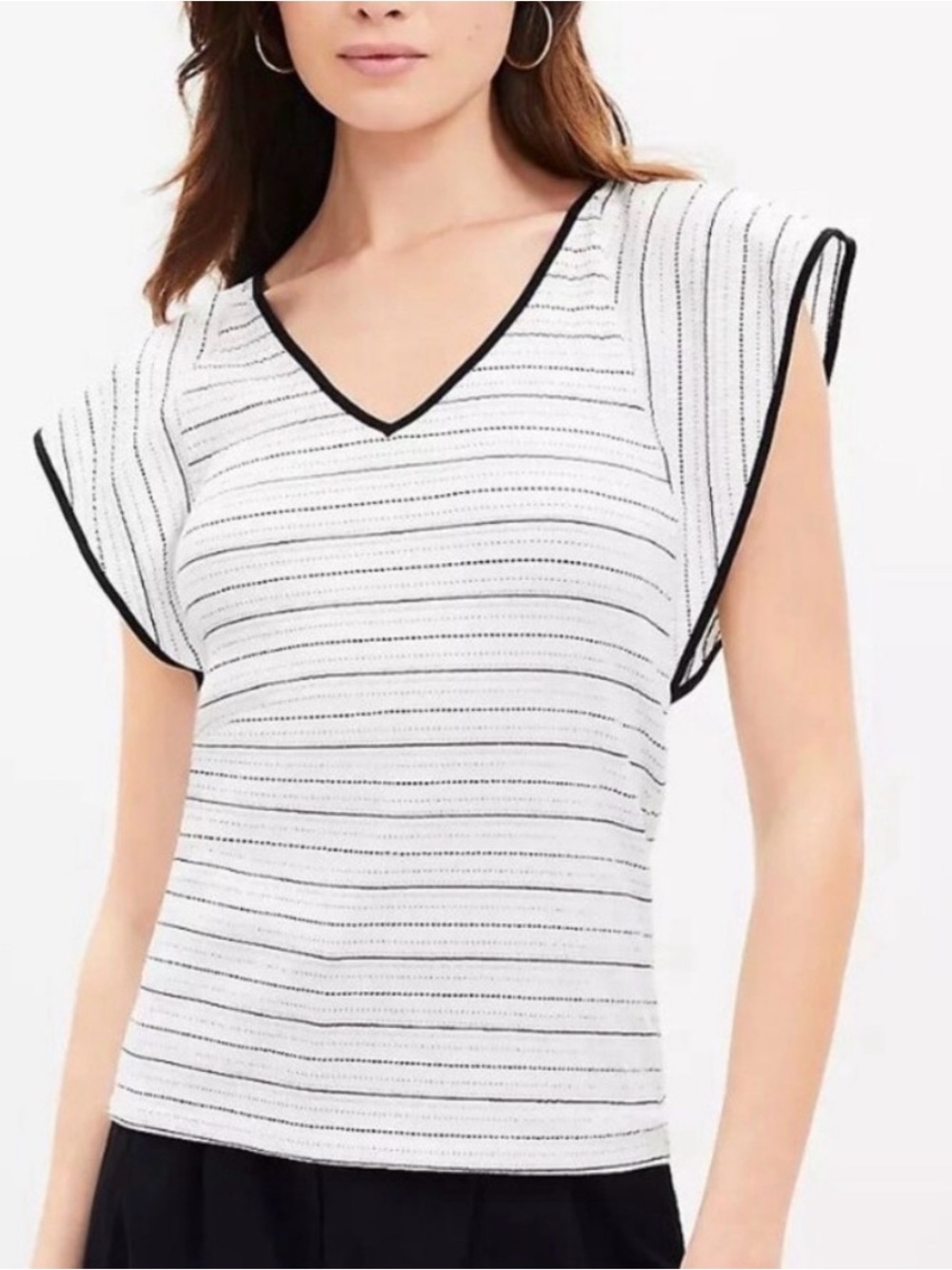 LOFT Striped Flutter Sleeve V-Neck Top Textured Knit White Black Size Medium
